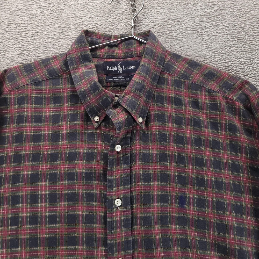 VTG Polo Ralph Lauren Shirt Mens 2XL Blue Plaid Flannel Button Down Made USA